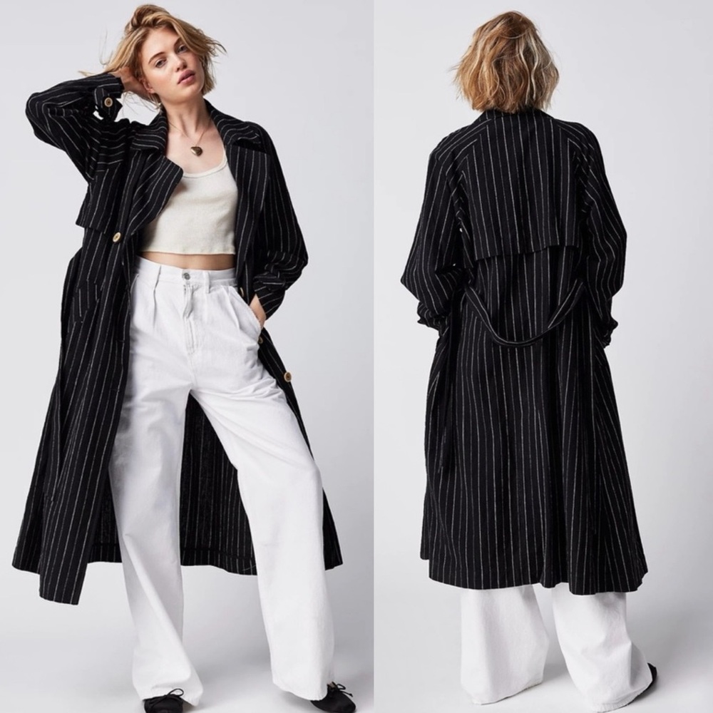 Free People $228 Trench Coat Jacket L Boho Fall Linen Preppy Striped chic button